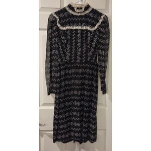 Vintage 70s Lanz Originals XS Black Floral Lace Prairie Victorian Dress